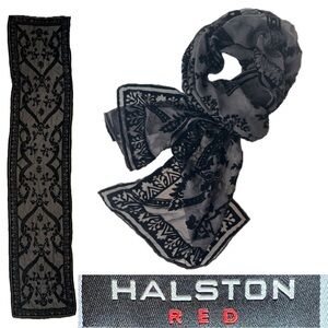 🏴Burnout Sheer Black Silk & Opaque Velvety Black Scarf/Wrap/Shawl | Halston Red